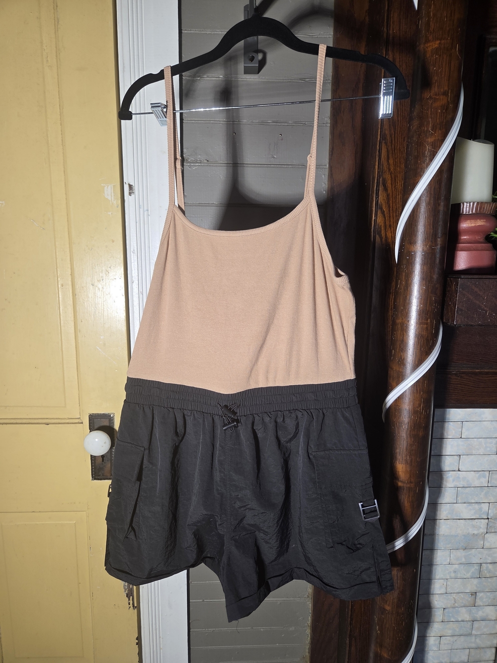 No Boundaries Ribbed Beige Tank Top Romper with Black Bottom 11-13